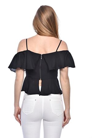 Modkofoni Askılı Düşük Kollu Volenli ve Düğmeli Kısa Siyah Kadın Bluz