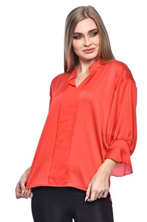 Modkofoni Uzun Kollu Volenli ve Biyeli Kırmızı Kadın Bluz