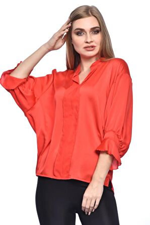 Modkofoni Uzun Kollu Volenli ve Biyeli Kırmızı Kadın Bluz