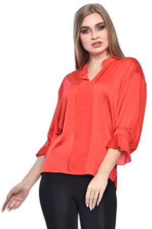 Modkofoni Uzun Kollu Volenli ve Biyeli Kırmızı Kadın Bluz