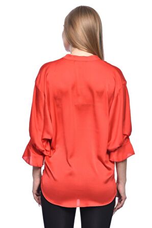 Modkofoni Uzun Kollu Volenli ve Biyeli Kırmızı Kadın Bluz