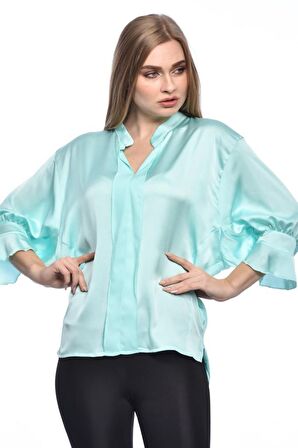 Modkofoni Uzun Kollu Volenli ve Biyeli Mint Kadın Bluz