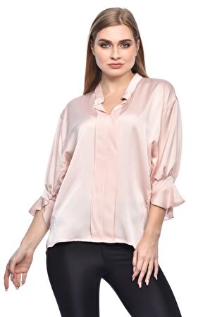 Modkofoni Uzun Kollu Volenli ve Biyeli Pudra Kadın Bluz