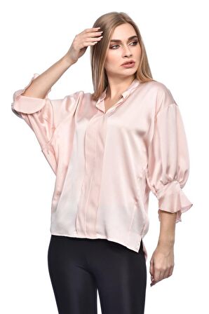 Modkofoni Uzun Kollu Volenli ve Biyeli Pudra Kadın Bluz