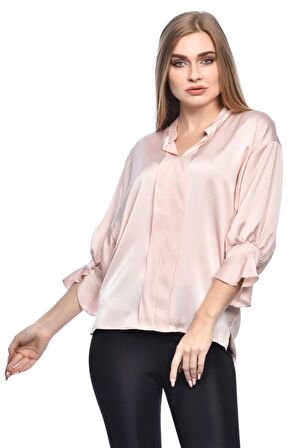 Modkofoni Uzun Kollu Volenli ve Biyeli Pudra Kadın Bluz