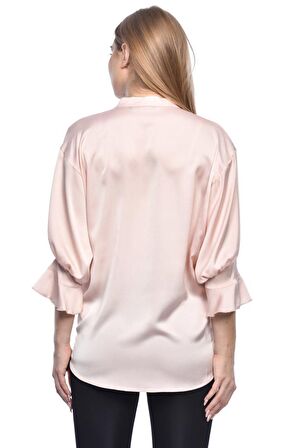 Modkofoni Uzun Kollu Volenli ve Biyeli Pudra Kadın Bluz