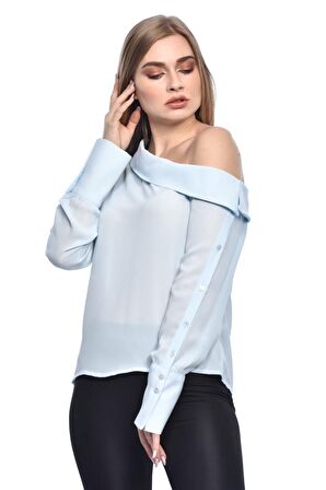 Modkofoni Tek Omuzlu Uzun Kollu Bebe Mavisi Kadın Bluz