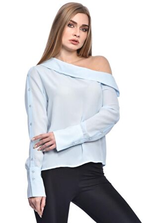 Modkofoni Tek Omuzlu Uzun Kollu Bebe Mavisi Kadın Bluz