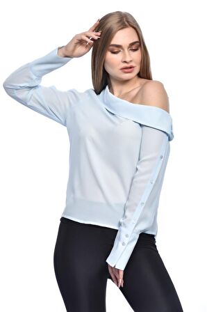 Modkofoni Tek Omuzlu Uzun Kollu Bebe Mavisi Kadın Bluz