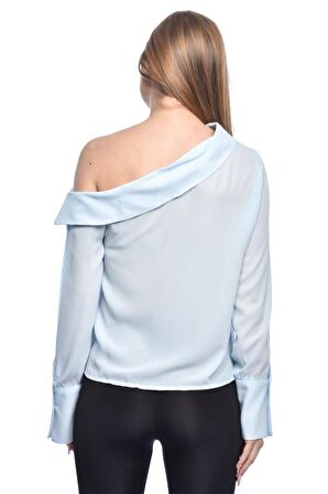 Modkofoni Tek Omuzlu Uzun Kollu Bebe Mavisi Kadın Bluz