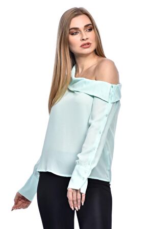 Modkofoni Tek Omuzlu Uzun Kollu Mint Kadın Bluz