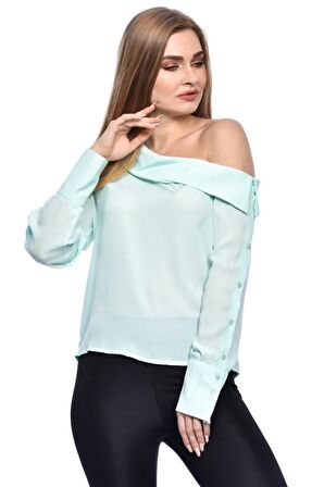 Modkofoni Tek Omuzlu Uzun Kollu Mint Kadın Bluz