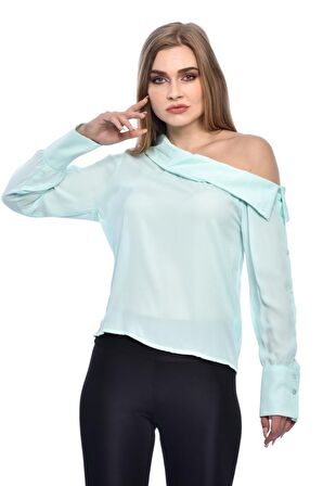 Modkofoni Tek Omuzlu Uzun Kollu Mint Kadın Bluz