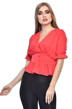 Modkofoni Kısa Kollu V Yaka ve Düğmeli Kırmızı Kadın Bluz