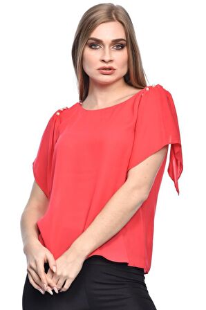 Modkofoni Kısa Kollu V Yaka İnci Detaylı Kırmızı Kadın Bluz