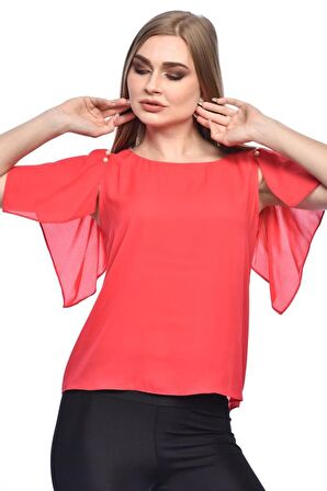 Modkofoni Kısa Kollu V Yaka İnci Detaylı Kırmızı Kadın Bluz