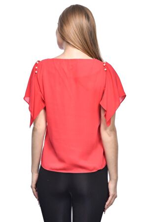 Modkofoni Kısa Kollu V Yaka İnci Detaylı Kırmızı Kadın Bluz