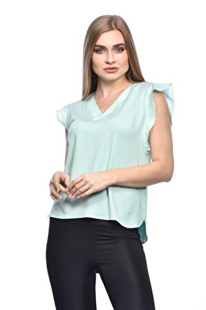 Modkofoni V Yaka Kolsuz Omuz Detaylı Mint Kadın Bluz