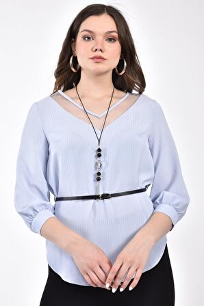 Modkofoni V Yaka Takı ve Kemerli Uzun Kollu Buz Mavi Kadın Bluz