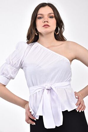 Modkofoni Volen Tek Kollu Kuşaklı Omuzdan Lastikli Beyaz Kadın Bluz