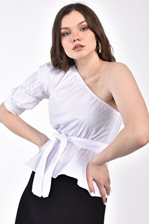 Modkofoni Volen Tek Kollu Kuşaklı Omuzdan Lastikli Beyaz Kadın Bluz