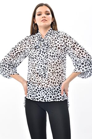 Modkofoni Uzun Karpuz Kollu Zebra Desenli Beyaz Kadın Bluz