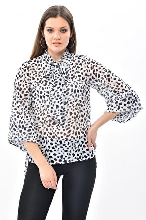 Modkofoni Uzun Karpuz Kollu Zebra Desenli Beyaz Kadın Bluz