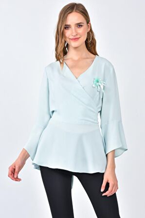 Modkofoni Uzun Yarasa Kol V Yaka Çiçek Aksesuarlı Mint Kadın Bluz