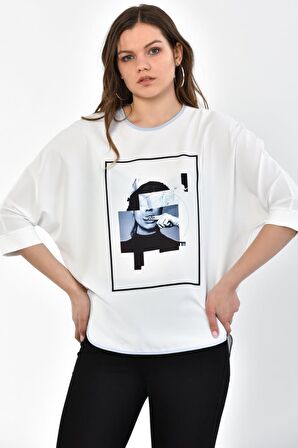 Modkofoni Bisiklet Yaka Bebe Mavi Baskılı ve Biyeli Uzun Kollu Kadın Bluz