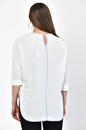 Modkofoni Bisiklet Yaka Bebe Mavi Baskılı ve Biyeli Uzun Kollu Kadın Bluz