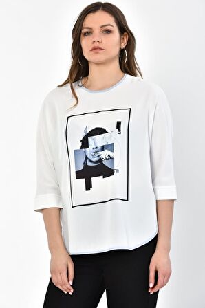 Modkofoni Bisiklet Yaka Bebe Mavi Baskılı ve Biyeli Uzun Kollu Kadın Bluz