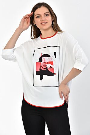 Modkofoni Bisiklet Yaka Kırmızı Baskılı ve Biyeli Uzun Kollu Kadın Bluz