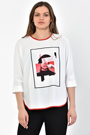 Modkofoni Bisiklet Yaka Kırmızı Baskılı ve Biyeli Uzun Kollu Kadın Bluz