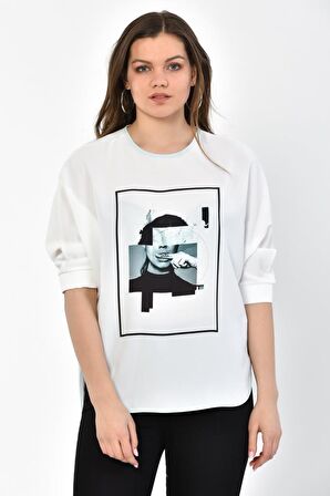 Modkofoni Bisiklet Yaka Mint Baskılı ve Biyeli Uzun Kollu Kadın Bluz