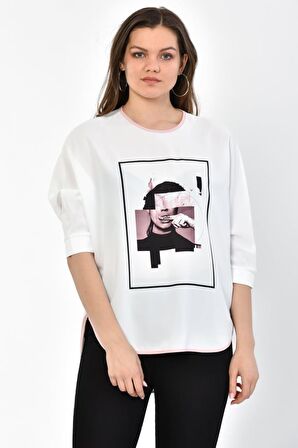 Modkofoni Bisiklet Yaka Pudra Baskılı ve Biyeli Uzun Kollu Kadın Bluz