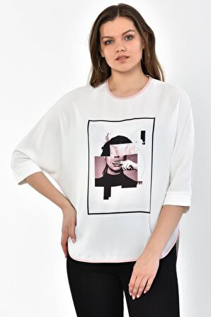 Modkofoni Bisiklet Yaka Pudra Baskılı ve Biyeli Uzun Kollu Kadın Bluz