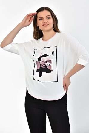 Modkofoni Bisiklet Yaka Pudra Baskılı ve Biyeli Uzun Kollu Kadın Bluz