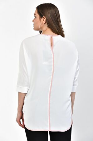 Modkofoni Bisiklet Yaka Pudra Baskılı ve Biyeli Uzun Kollu Kadın Bluz