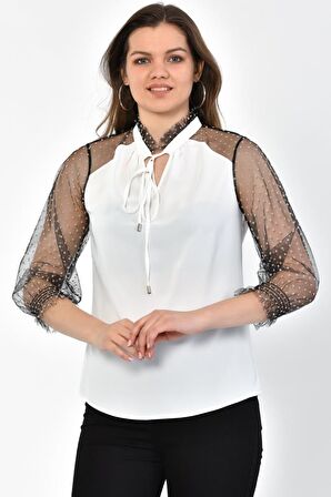Modkofoni V Yaka Puantiyeli Uzun Kollu Beyaz Tül Kadın Bluz