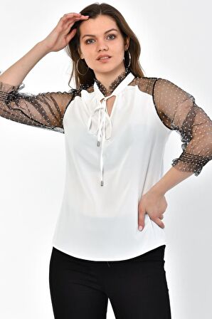 Modkofoni V Yaka Puantiyeli Uzun Kollu Beyaz Tül Kadın Bluz