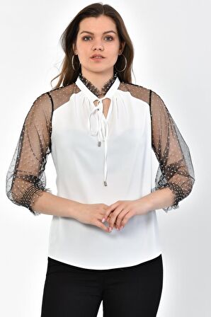 Modkofoni V Yaka Puantiyeli Uzun Kollu Beyaz Tül Kadın Bluz