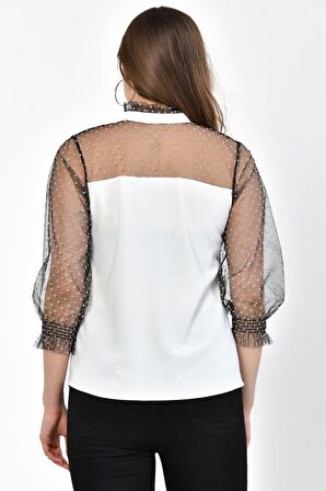 Modkofoni V Yaka Puantiyeli Uzun Kollu Beyaz Tül Kadın Bluz