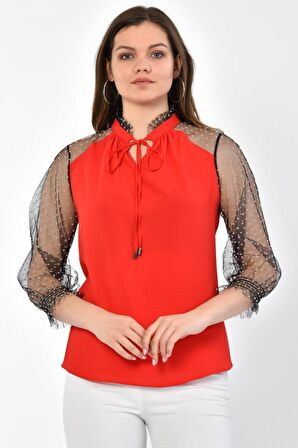 Modkofoni V Yaka Puantiyeli Uzun Kollu Kırmızı Tül Kadın Bluz