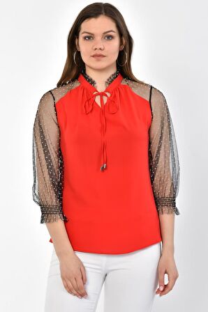 Modkofoni V Yaka Puantiyeli Uzun Kollu Kırmızı Tül Kadın Bluz