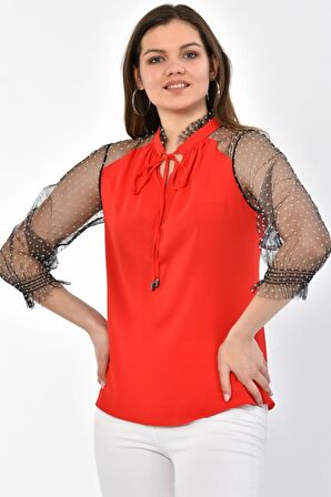 Modkofoni V Yaka Puantiyeli Uzun Kollu Kırmızı Tül Kadın Bluz