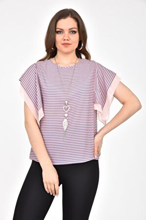 Modkofoni Bisiklet Yaka Takı ve Çizgili Kısa Kollu Pudra Kadın Bluz