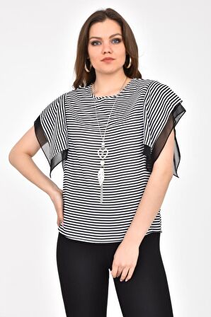 Modkofoni Bisiklet Yaka Takı ve Çizgili Kısa Kollu Siyah Kadın Bluz