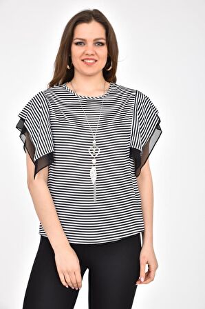 Modkofoni Bisiklet Yaka Takı ve Çizgili Kısa Kollu Siyah Kadın Bluz