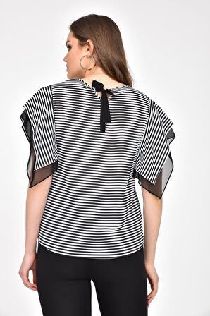 Modkofoni Bisiklet Yaka Takı ve Çizgili Kısa Kollu Siyah Kadın Bluz