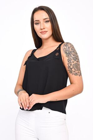 Modkofoni Askılı ve Düğmeli Sıfır Kol Siyah Kadın Bluz